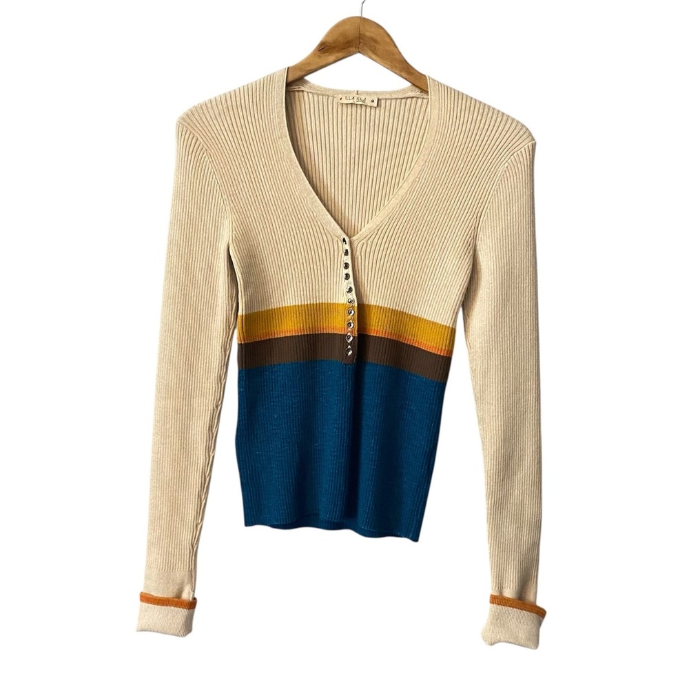 ILLA ILLA Womens Retro Ribbed Henley Striped Colorblock Sweater Cream Sz Med‎